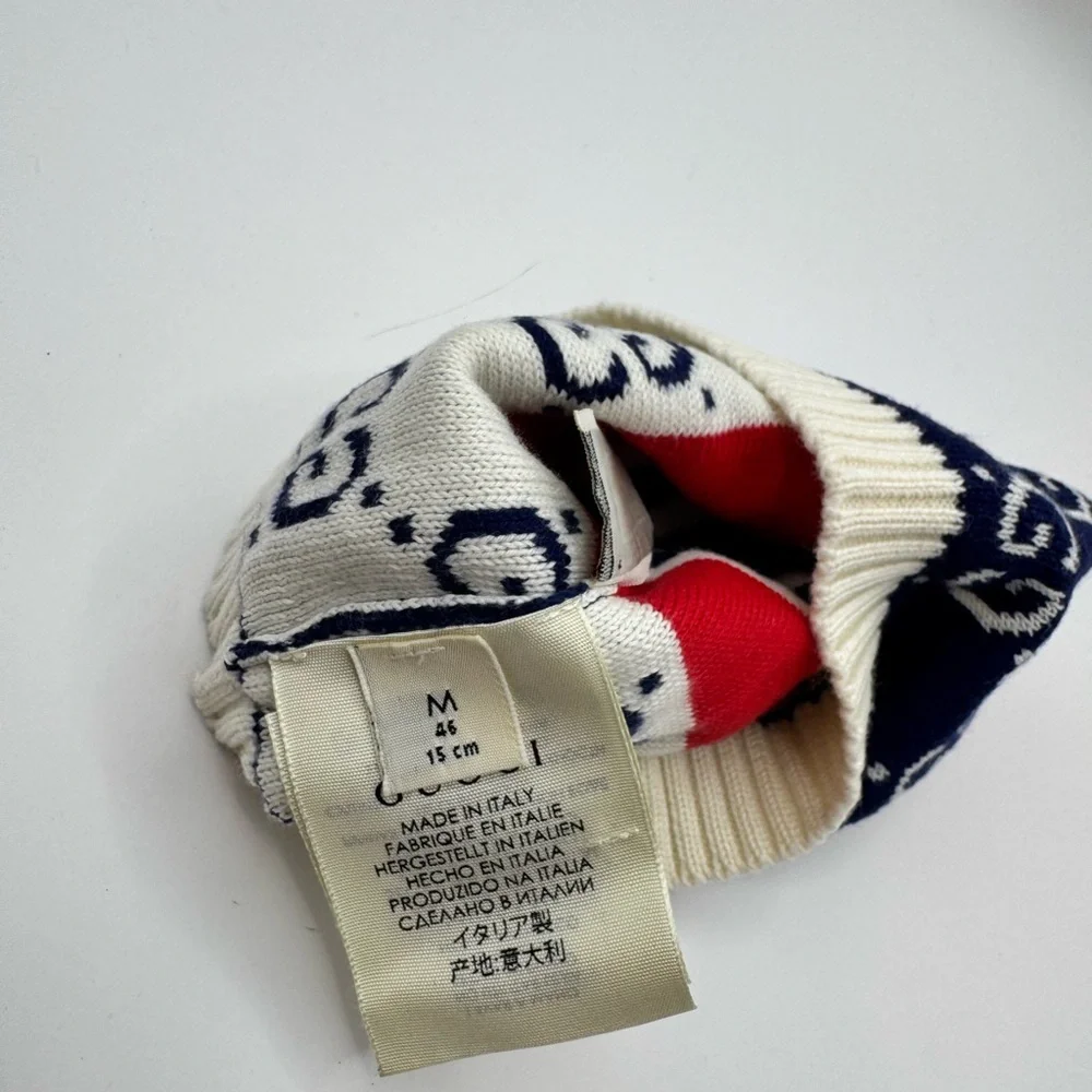 Gucci Cream Navy & Red GG Knit Beanie baby medium